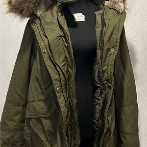 1 Madison Olive Green Puffer Coat with Faux Fur Hood